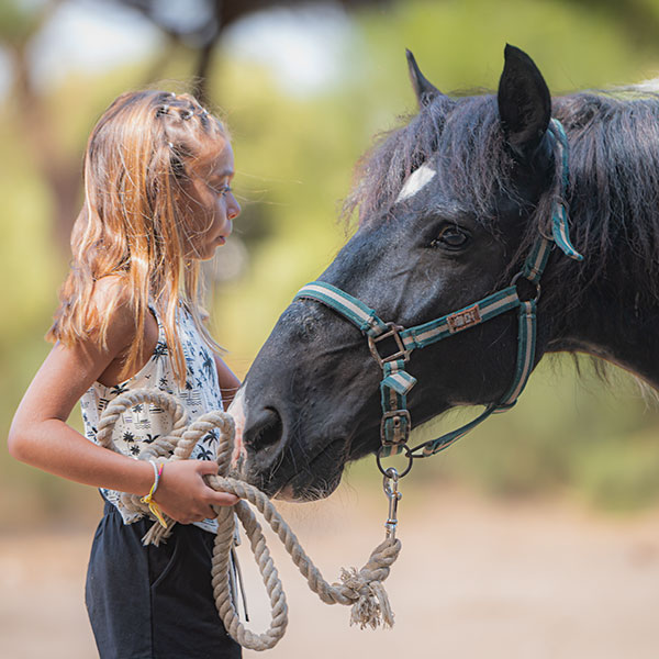 Chica sujetando Caballo